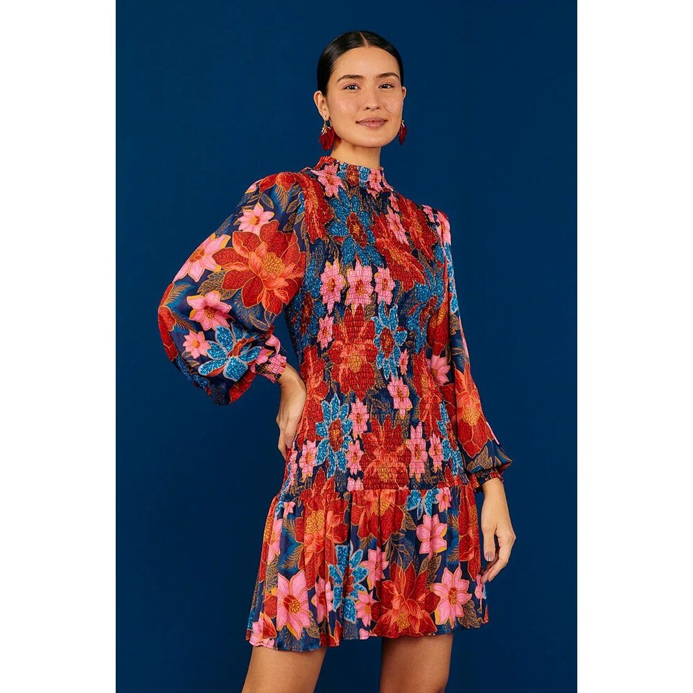 Farm Rio Mini Dress, Smocked, Long sleeve, Garden Navy, Size XL, New Retail $245